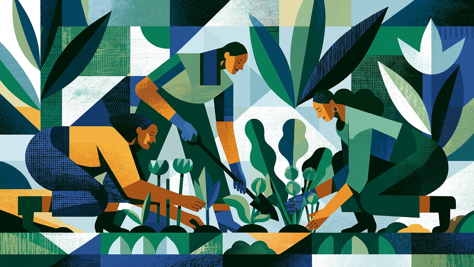 Three people tending a shared garden, each contributing a different part of the work.